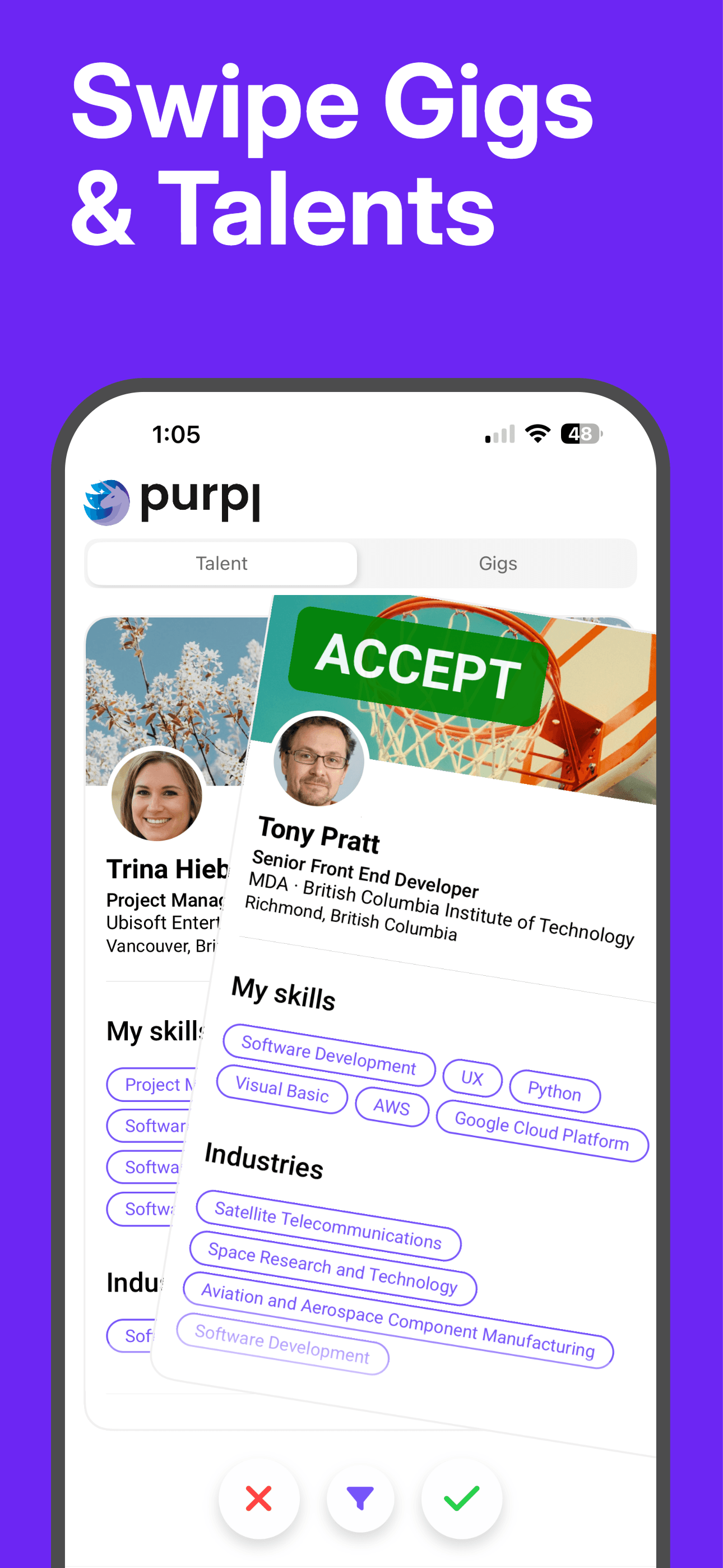 Purpl swipe deck, accepting a talent card